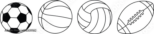 Sports balls outline icons, soccer basketball volleyball and football set, simple vector illustration design
