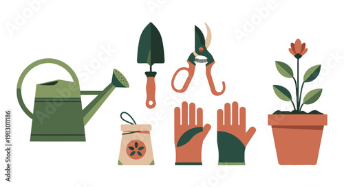 Gardening tools and flower pot.