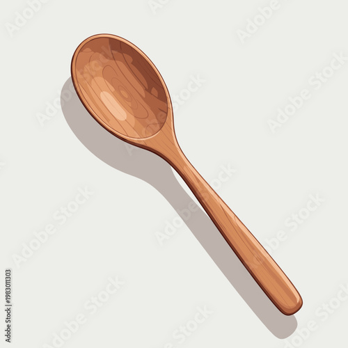 A single wooden spoon with a smooth, polished finish and visible wood grain, casting a shadow on a light background.