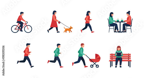 People walking running sitting and cycling.