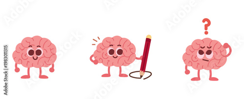 Cute cartoon brain characters illustrating different emotions and actions like thinking and questioning with brain icon human character drawing illustration