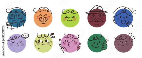 Set of expressive facial emoticons illustrating various emotions and moods with emoticon expression illustration character abstract collection surprise confused disappointed frustrated