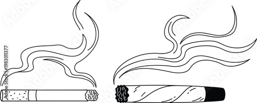 Cigarette and Cigar with Smoke, Line Art Illustration of Smoking Tobacco Products for Health, Warning, and Awareness Design