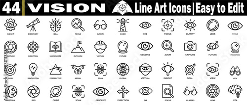 Vision and perception line art icon set. Including eye care optic technology, sight metaphors, focused observation lenses, and visual identification elements, vector illustration.