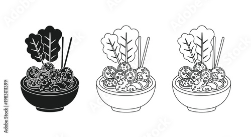 Noodle bowls with chopsticks and vegetables.