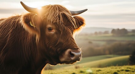 A brown cow with horns stands in a green field looking ahead.