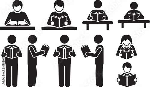 Reading book icon set. Reader, education, learning, learn. Read book symbol on white background - stock vector.