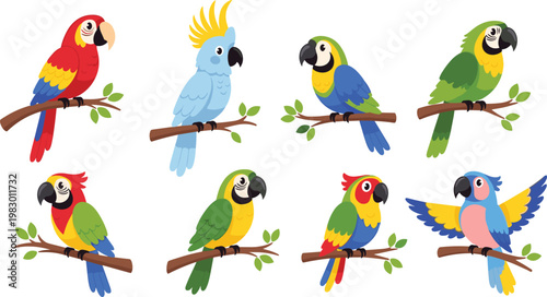 Cute Cartoon Parrot Collection with Colorful Tropical Birds Sitting on Tree Branches, Exotic Macaw and Cockatoo Vector Illustration Set for Nature Design.