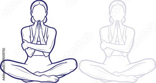 Woman practicing yoga in lotus pose with prayer hands line art illustration