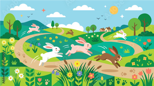 Playful spring landscape illustration with running rabbits, blooming flowers, winding paths, and a sunny countryside scene full of vibrant colors and nature elements.