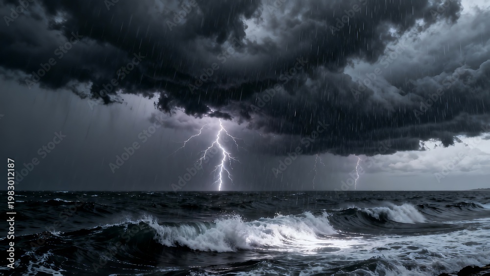 Fototapeta premium Dramatic Lightning Strike Over Dark Stormy Ocean
