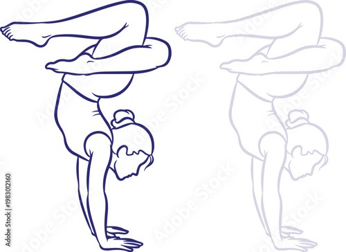 Gymnast performing handstand scorpion pose line art illustration isolated on white