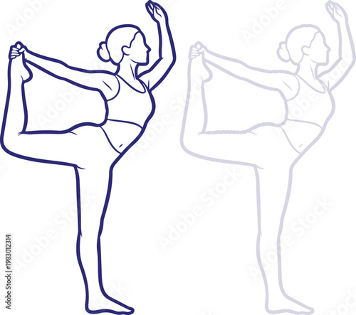 Yoga Dancer Pose Outline Illustration of Woman Performing Natarajasana on White Background