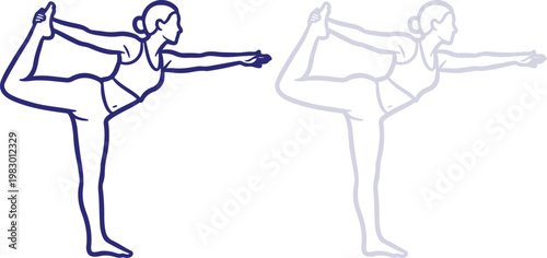 Yoga Dancer Pose outline illustration of woman practicing fitness exercise isolated on white background