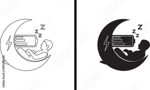A peaceful person sleeping soundly on a crescent moon with a laptop