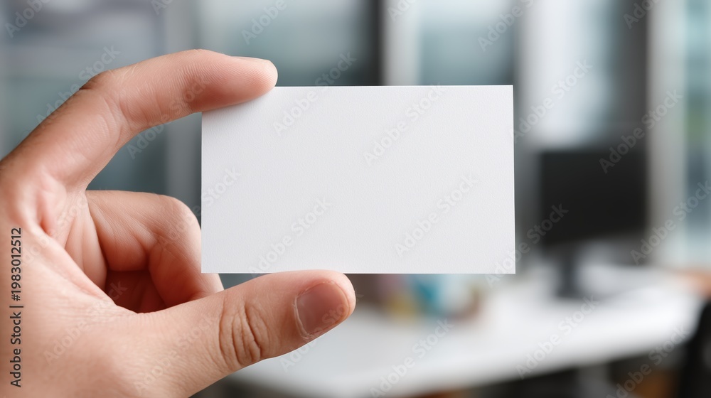 Obraz premium Hand holding a blank business card in an office setting with blurred background elements including a computer and desk