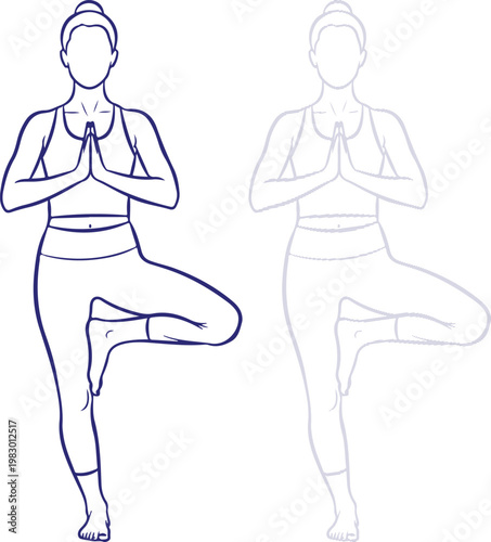 Woman practicing Tree Yoga Pose in line art style isolated on white