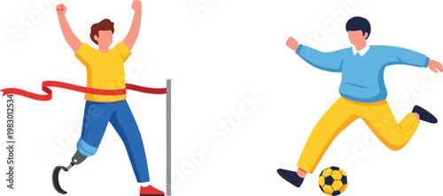 Disabled Athlete Winning Race and Man Playing Football, Inclusive Sports and Active Lifestyle Illustration for Motivation and Diversity Design