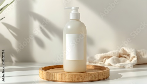 Shampoo or liquid soap bottle display with botanical shadow and plain white sticker on the front	