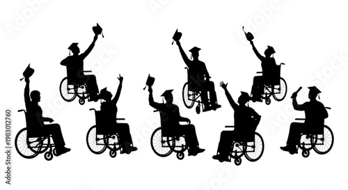 Diverse group of graduates in wheelchairs celebrating their achievement by tossing their graduation caps in the air