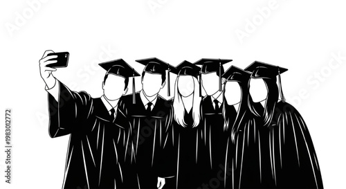 Graduating Students in Caps and Gowns Capture a Memorable Moment with a Selfie