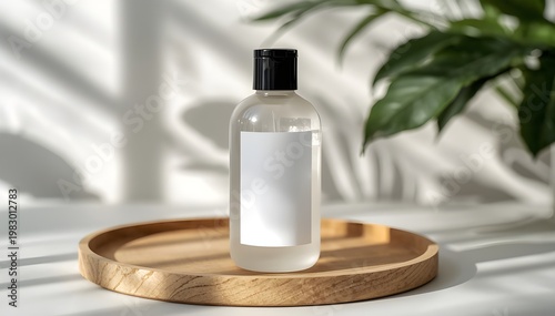 Shampoo or liquid soap bottle display with botanical shadow and plain white sticker on the front	