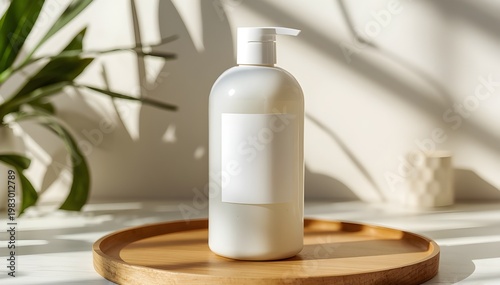 Shampoo or liquid soap bottle display with botanical shadow and plain white sticker on the front	
