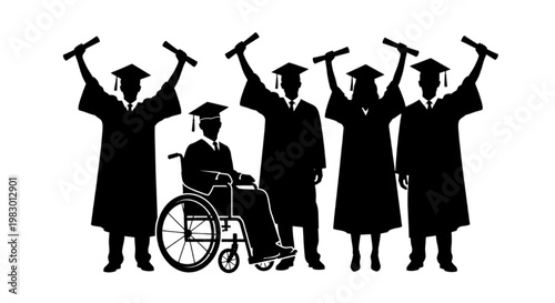 Graduation caps thrown high in celebration by diverse group of students including one in a wheelchair, symbolizing achievement and inclusivity
