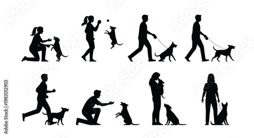 Silhouettes of People Training Dogs, Engaging in Various Activities with Their Canine Companions, Illustrating Dog Obedience and Companionship