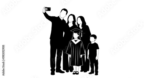 Joyful family group silhouette celebrating a significant graduation milestone, capturing a memorable selfie to commemorate academic achievement and togetherness