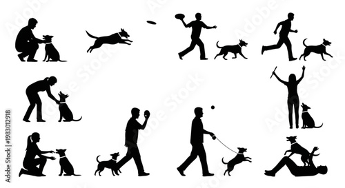 Collection of Silhouettes Depicting Humans and Dogs Engaging in Various Activities Together, Showcasing Companionship and Outdoor Fun