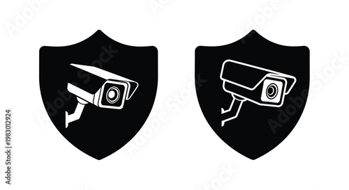 Two security camera shield icons differing detail on transparent background silhouette