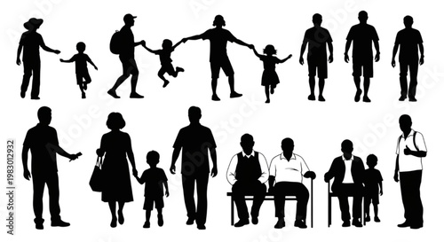 Silhouettes of Diverse Groups of People, Representing Families, Adults, and Children in Various Poses and Activities