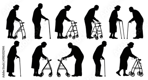 Silhouettes of elderly people with walkers, illustrating mobility and aging support