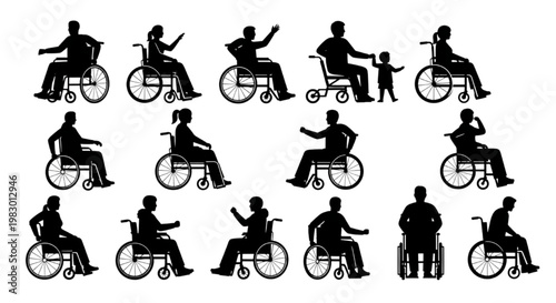Diverse individuals in wheelchairs, showcasing accessibility and inclusion in various poses and interactions, promoting a positive representation of disability