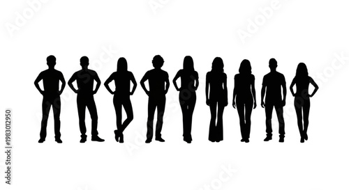 Diverse group of silhouetted people standing in a line, representing unity and community
