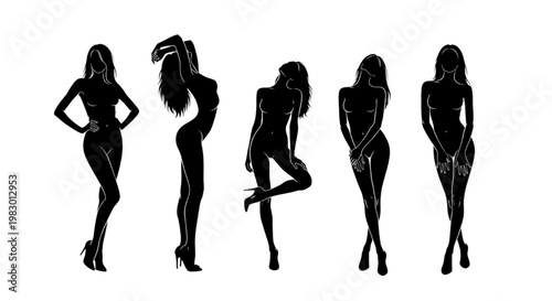 Collection of five stylized female silhouettes in elegant poses, showcasing fashion and beauty