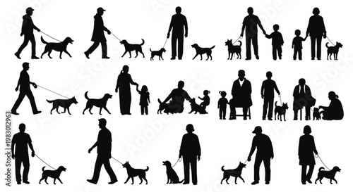 Diverse group of people walking their dogs in various silhouettes, illustrating pet ownership and companionship