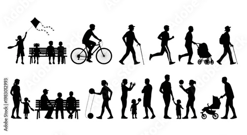 Diverse group of people enjoying various outdoor activities and leisure pursuits represented in silhouette art