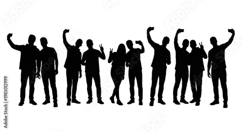 Energetic silhouettes of diverse individuals raising hands in celebration, embodying unity, friendship, and collective success, perfect for themes of community and triumph