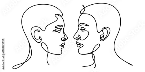 A minimalist single line drawing depicting two human faces looking directly at each other closely