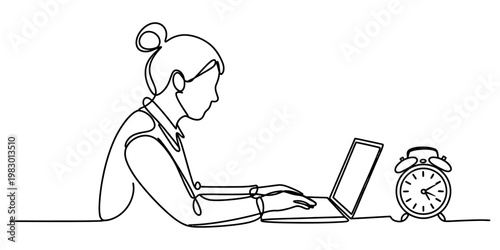A continuous line drawing of a focused woman working diligently on her laptop near an alarm clock