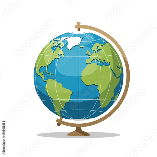 A realistic illustration of a detailed globe showing continents and oceans on a white background.