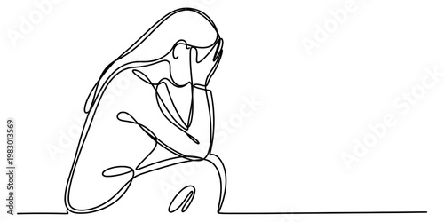 A single continuous line drawing of a person sitting alone feeling deep sadness and depression.