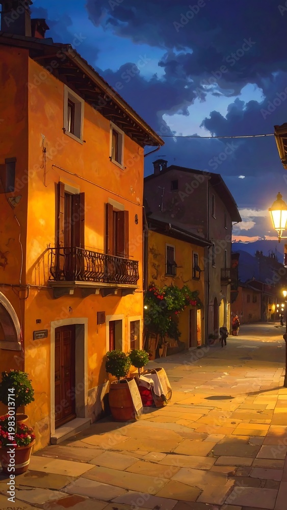 Fototapeta premium A serene evening scene of a narrow street lined with warmly lit buildings