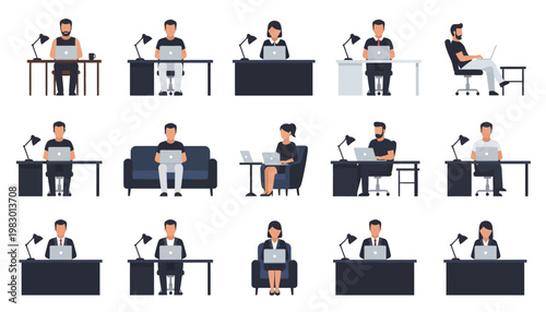 People working on computers and musical instruments in various settings
