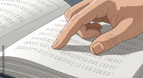 The hand of a blind man reads the text of a braille book 

