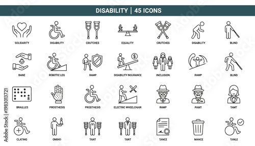 Accessibility and inclusion icon set featuring wheelchairs crutches prosthetic limbs braille ramps and symbols for physical disability support.