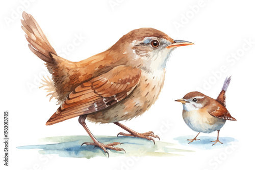 Fotografía Watercolor Wren Bird Clipart, Cute Tiny Forest Bird Illustration, Isolated on Wh