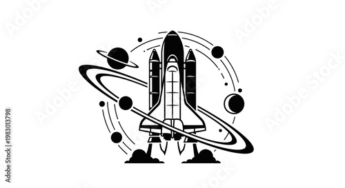Black and white illustration of a space shuttle launching into orbit around planets.